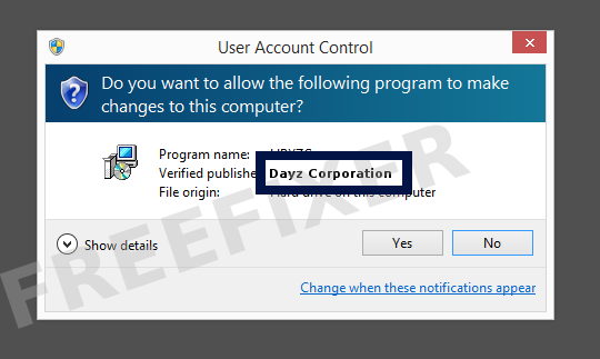 Screenshot where Dayz Corporation appears as the verified publisher in the UAC dialog